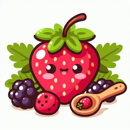 Funny strawberry character with blackberries and strawberries. Vector illustration.のイラスト素材