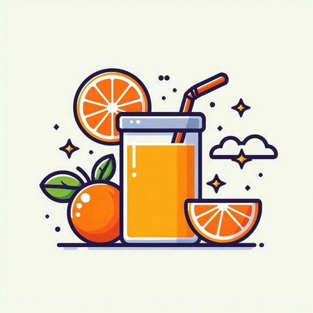 Orange juice in a glass with a straw and orange slices. Vector illustration.のイラスト素材
