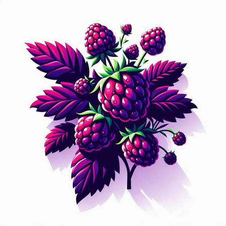 Bunch of ripe raspberry with leaves on a white background. Vector illustration.のイラスト素材
