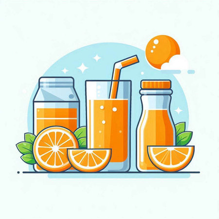Vector illustration of fresh orange juice in glass and bottle with straw. Healthy lifestyle concept.のイラスト素材