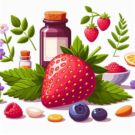 Vector illustration of a bottle of strawberry essential oil with fresh strawberries, blueberries, raspberries and mint leaves.のイラスト素材