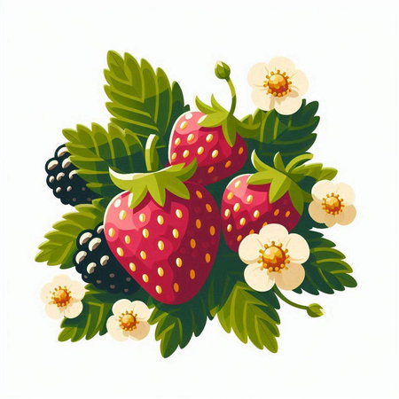 Strawberry bouquet with berries and leaves. Vector illustration.のイラスト素材