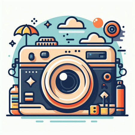 Retro camera vector illustration in flat line style. Vector illustration.のイラスト素材