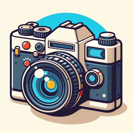 Retro camera icon. Vector illustration of a retro camera with lens.のイラスト素材