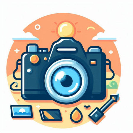 Modern flat design vector illustration concept of photographer equipment: camera, lens, flash, ink, flash, mirror.のイラスト素材