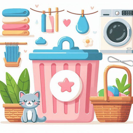 Cute cartoon cat in the laundry room. Vector illustration of a basket with clothes and accessories.のイラスト素材