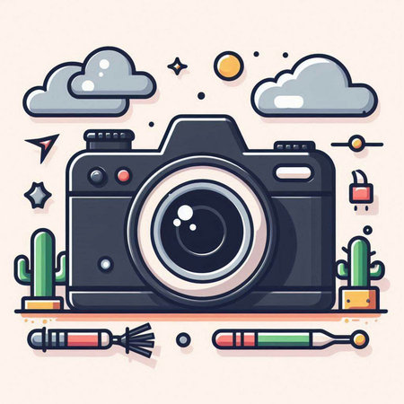 Retro camera. Vector illustration in doodle style. Flat design.のイラスト素材
