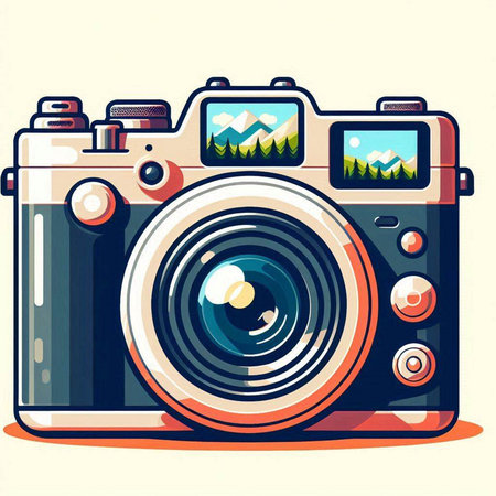 Retro camera with landscape on the screen. Vector illustration in retro style.のイラスト素材