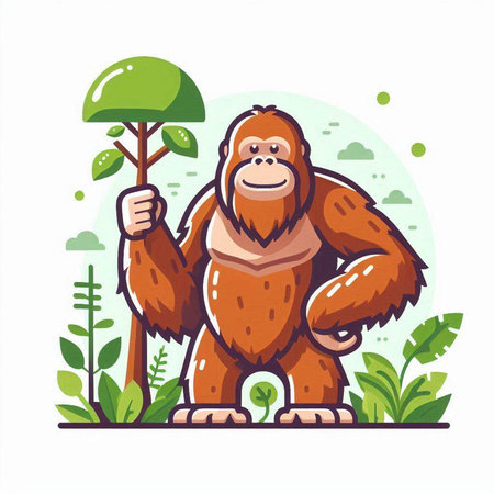 Orangutan holding a tree. Vector illustration in cartoon style.のイラスト素材