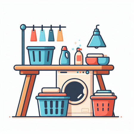 Laundry room. Washing machine, washing basket, detergent, dryer. Vector illustrationのイラスト素材