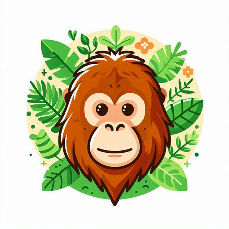 Cute monkey with tropical leaves on white background. Vector illustration.のイラスト素材