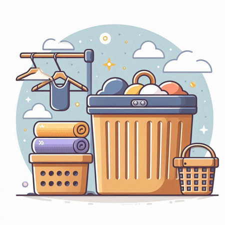 Laundry basket with clothes. Vector illustration in cartoon style.のイラスト素材