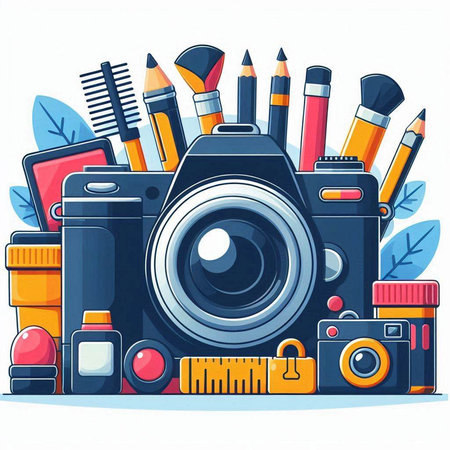 Vector illustration of camera, camera, cosmetics, pencils, brushes and other tools.のイラスト素材