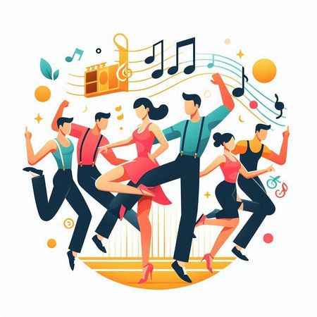 Dancing people. Group of young men and women dancing at party. Vector illustrationのイラスト素材
