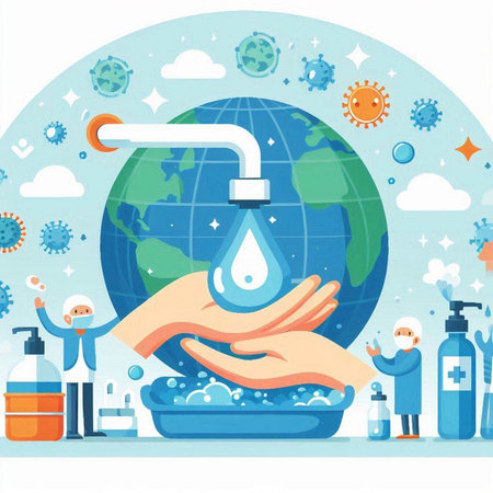 Coronavirus protection concept. Hand washing with soap and water. Vector illustrationのイラスト素材