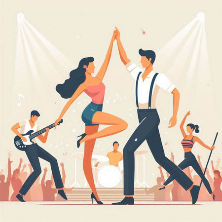 Dancing people. Vector illustration in flat style. Music concert.のイラスト素材