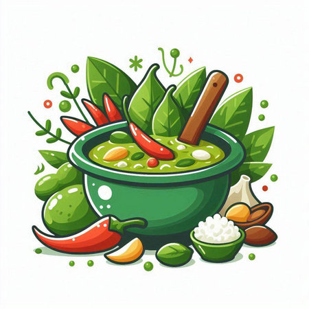 Cartoon vector illustration of green curry in bowl with ingredients for cooking.のイラスト素材