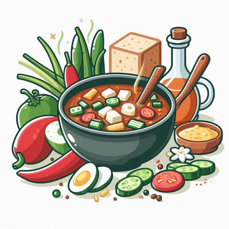 Vegetable soup in bowl with chopsticks. Vector illustration.のイラスト素材