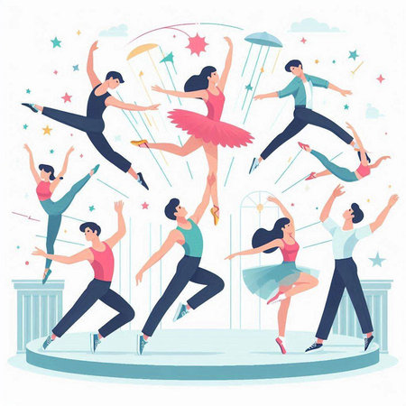 Ballet dancers dancing in the park. Vector illustration in flat styleのイラスト素材
