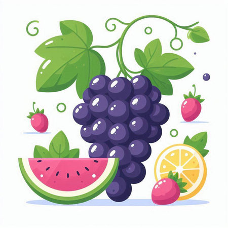 Grapes with watermelon and cherries. Vector illustration.のイラスト素材