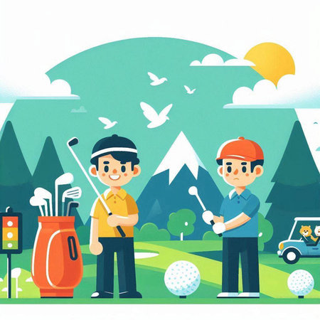Golf player with equipment on golf course. Flat style vector illustration.のイラスト素材