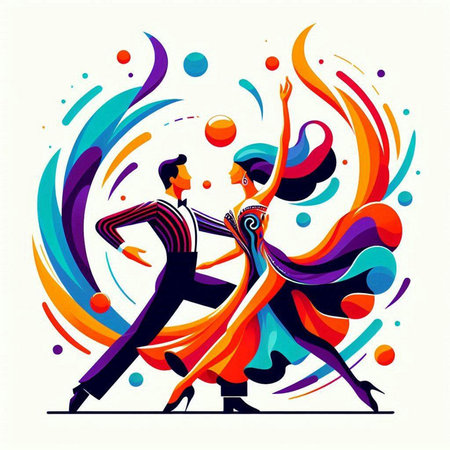 Couple dancing tango in colorful abstract background, vector illustration.のイラスト素材