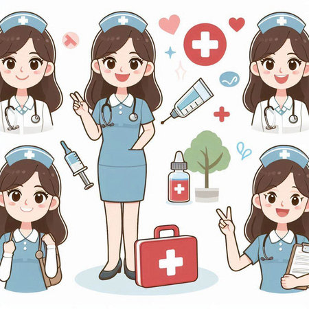 Nurse and medical icon set. Cartoon character. Vector illustration.のイラスト素材