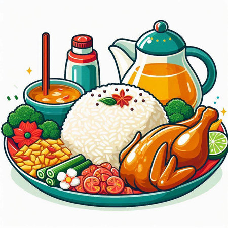 Illustration of a dish of rice with chicken and vegetables on a white backgroundのイラスト素材