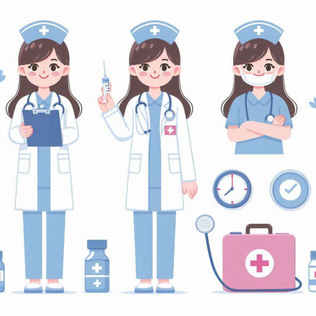 Nurse with set of various icons. Vector illustration in cartoon style.のイラスト素材