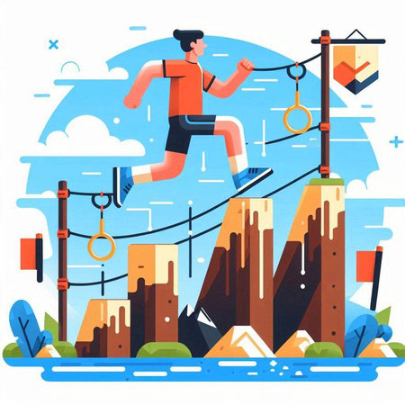 Athletic man running on the rope. Flat vector illustrationのイラスト素材