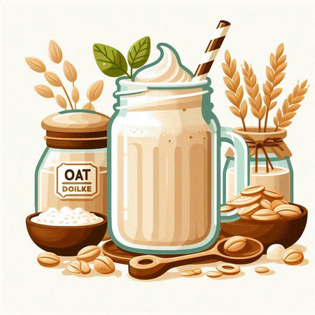 Illustration of a glass of milkshake with oat flakes, oat flakes and oat grains.のイラスト素材