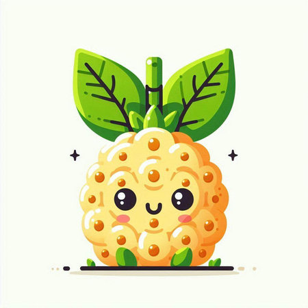 Cute cartoon yellow raspberries with green leaves on white backgroundのイラスト素材