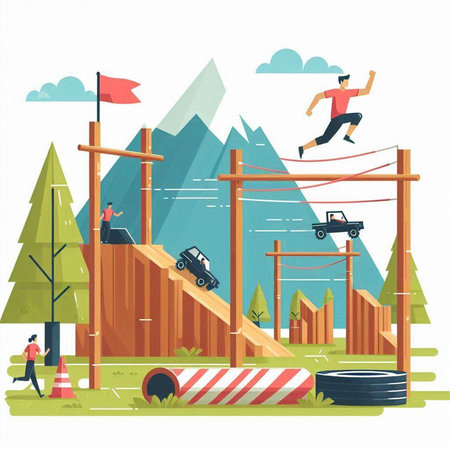 Man and woman jumping over obstacles. Flat style vector illustration. Outdoor activities concept.のイラスト素材