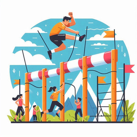 People jump over obstacles flat vector illustration. Teamwork, competition and challenge conceptのイラスト素材