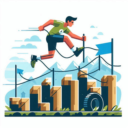 Man in sportswear runs up the mountain. Flat vector illustration.のイラスト素材