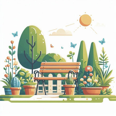 Flower garden. Vector illustration in flat style. Spring landscape.のイラスト素材
