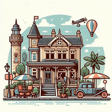 Cityscape of the old town. Vector illustration in retro style.のイラスト素材