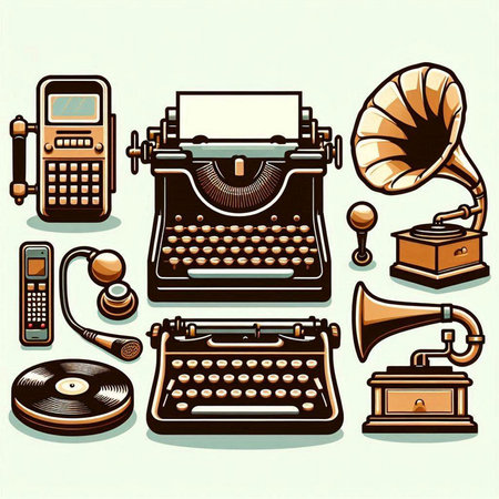Retro style icons set with old typewriter, gramophone and other itemsのイラスト素材
