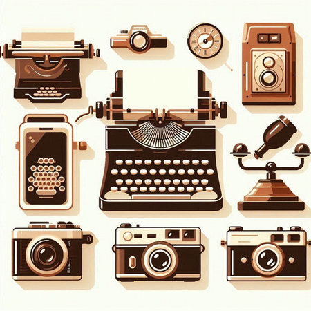 Vintage typewriter and camera icons set. Vector illustration in retro styleのイラスト素材