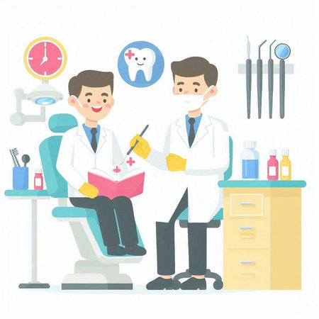 Dentist and patient in a dental office. Vector illustration.のイラスト素材