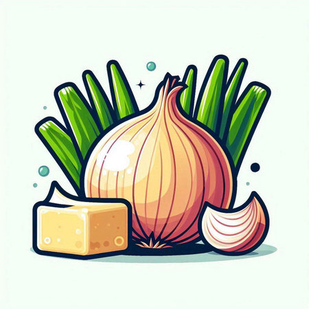 Illustration of onion, garlic, cheese and grass on white backgroundのイラスト素材