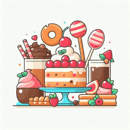 Cake and sweets. Vector illustration in doodle style.のイラスト素材