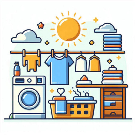 Laundry room with washing machine, dryer, laundry basket and clothes. Vector illustrationのイラスト素材