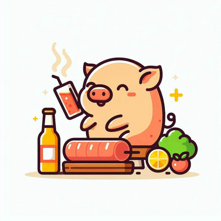Pig with a bottle of wine and food. Vector illustration.のイラスト素材