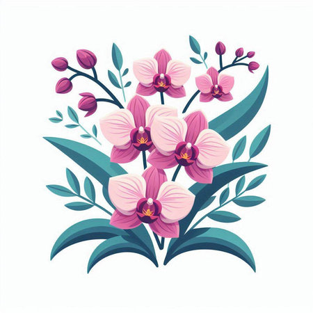 Bouquet of pink orchids with leaves. Vector illustration.のイラスト素材