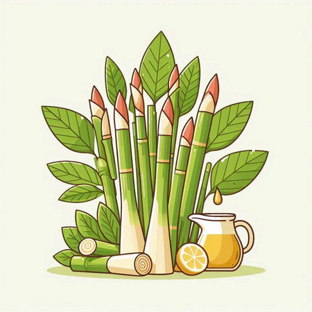 Bamboo, lemons and cup of tea. Vector illustration.のイラスト素材