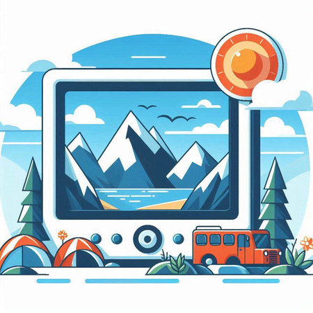 Vector illustration of a camping site with a camper van and mountainsのイラスト素材
