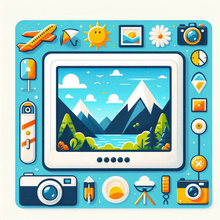 Vector illustration of a digital tablet with mountains, sun, clouds and photo cameraのイラスト素材