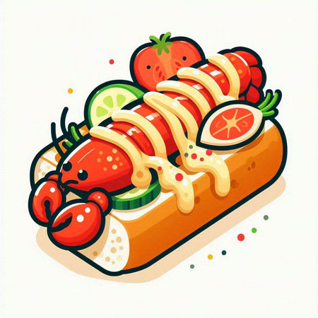 Illustration of a hot dog with vegetables and seafood on a white backgroundのイラスト素材