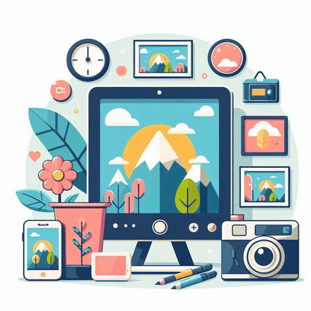 Flat design modern vector illustration concept of creative office workspace with objects and gadgets.のイラスト素材